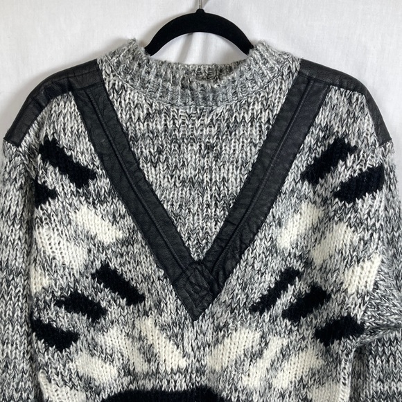 Vintage Front Line Chunky Geometric Knit Sweater w/ Real Leather Trim Sz M - Picture 5 of 12